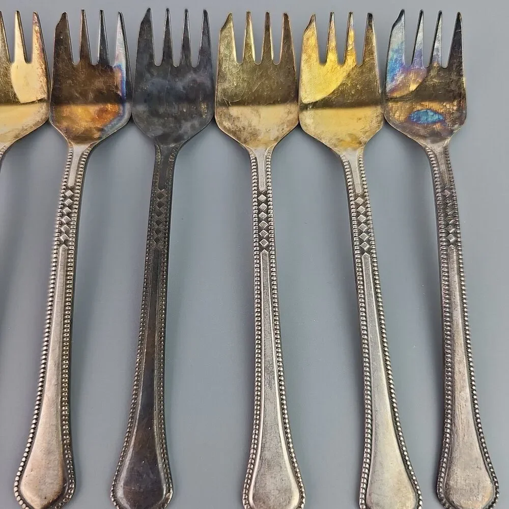 Vintage SILVER PLATED SET 6 SeaFood Cocktail Forks Melchior Cupronicke Beaded